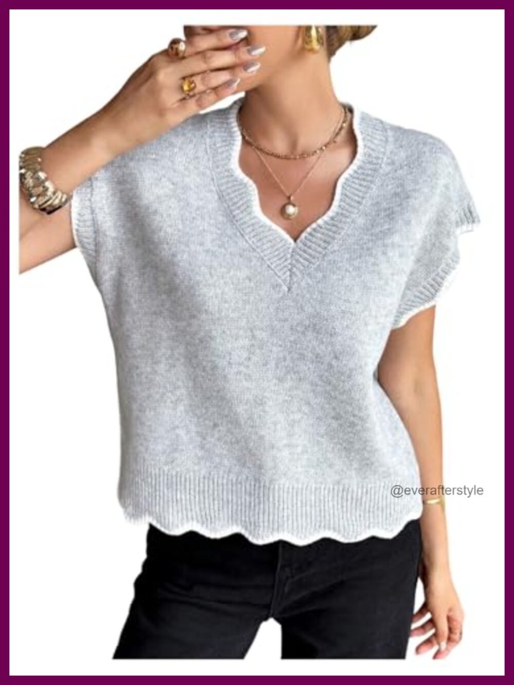 V Neck Scallop Cap Sleeve Knit Pullover Sweater Top Lightweight